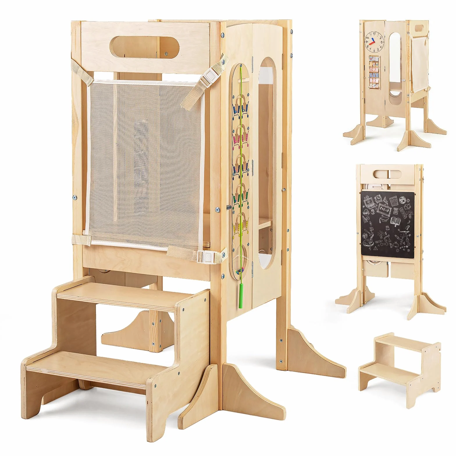 COSTWAY 4 en 1 Tour d'apprentissage Enfant, Tour d'Observation Montessori en Bois, 3 Hauteurs Réglables, Tableau Noir Amovible, Rail de Sécurité, Poignées, Charge 50 kg, pour Enfant 3+ Ans (Style 2)
