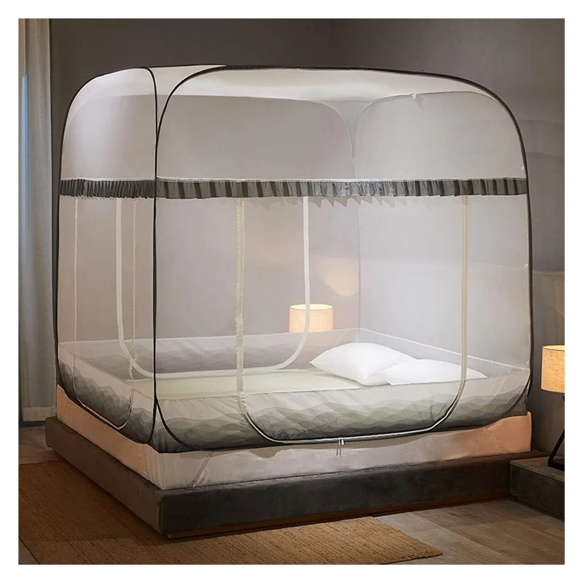 Moustiquaire, couverture de lit suspendue, tente pop-up pour lit double, filet de voyage pliable portable avec 3 portes, idéal pour lits de 1,8 m