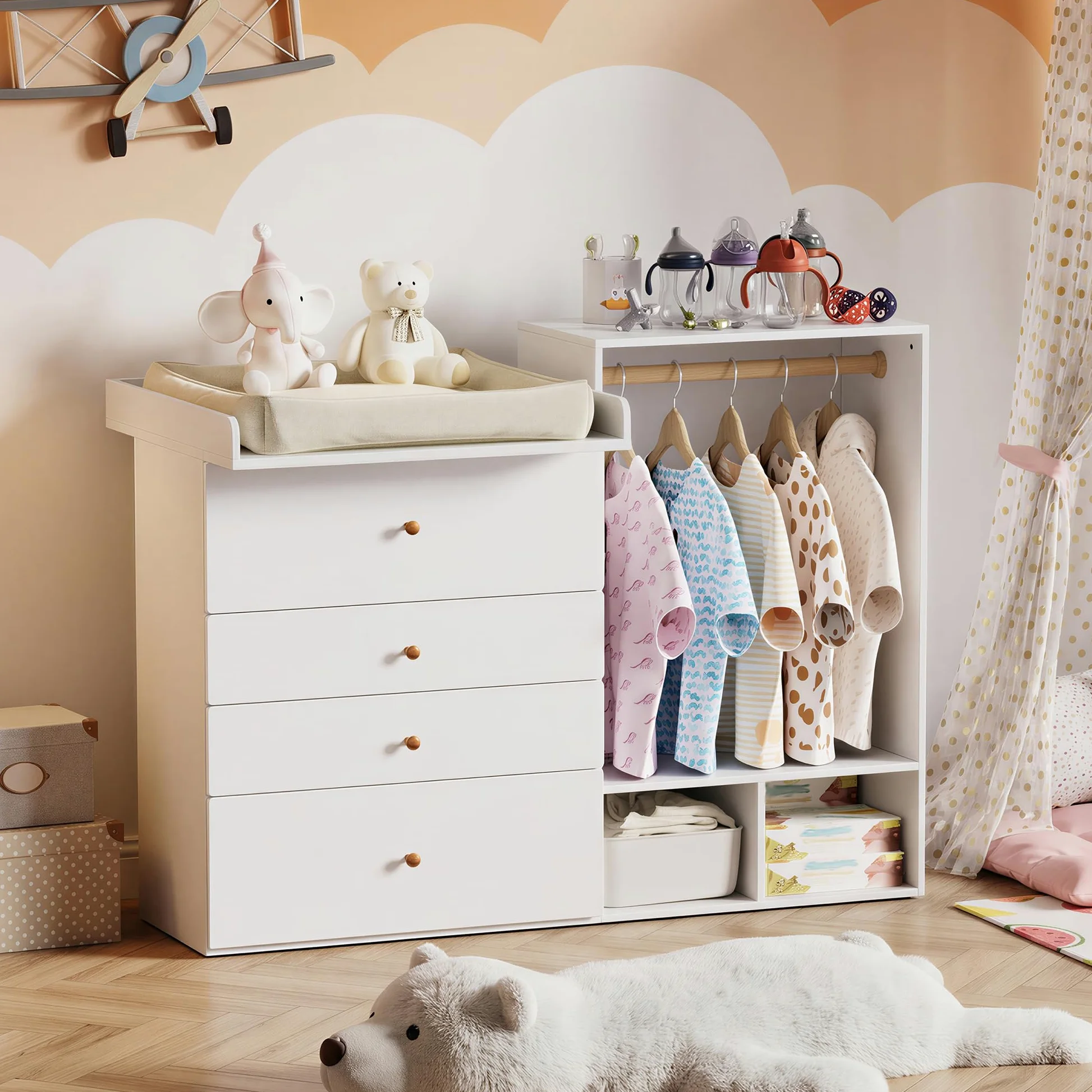 MSFE Table à Langer + Commode avec 4 Tiroirs, Espace de Suspension, Table a Langer Meuble de Rangement pour chambre d'enfant, Aucun matelas à langer inclus,Deux paquets, 150x112x38cm