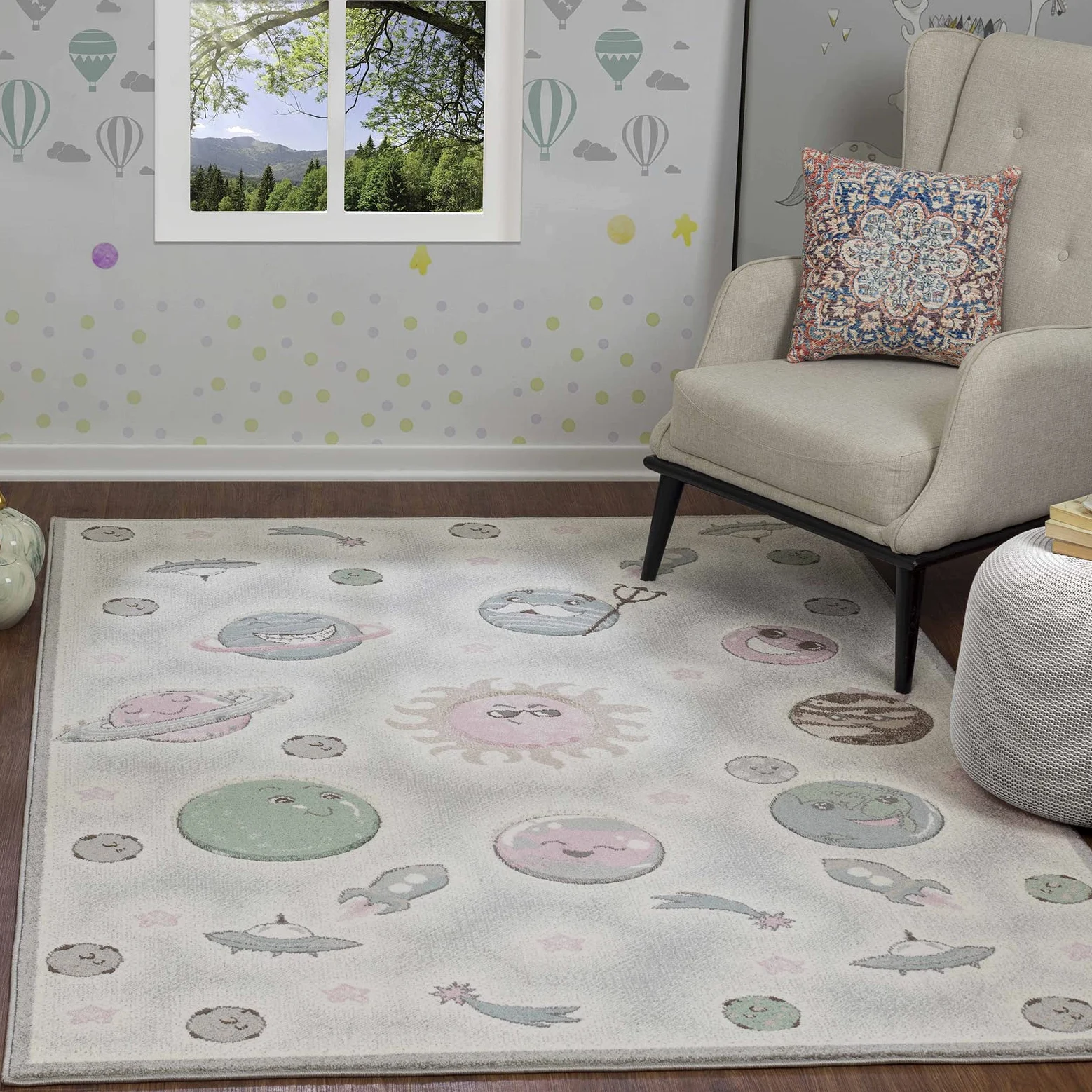 Surya Galaxie Tapis Chambre Enfant Gris - Tapis Enfant Poil Court Coloré et Doux pour Chambres à Coucher, Salle de Jeu - Tapis Chambre Fille, Garçon, Bébé - Thème Planètes et Espace, 160x213cm
