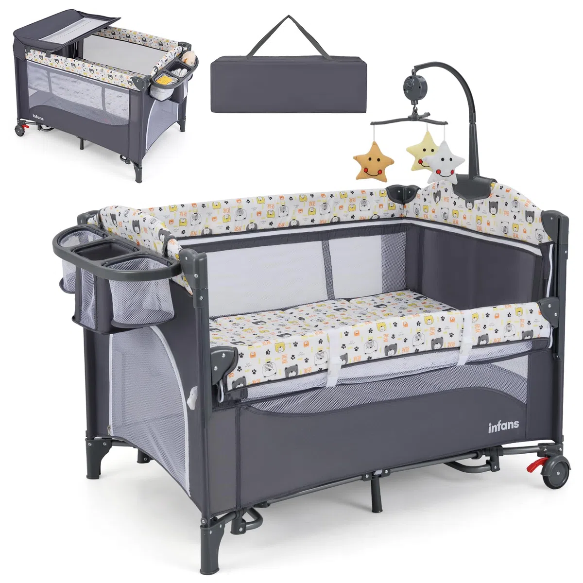 GOPLUS Lit Bébé Parapluie, avec Matelas, Table à Langer, Sac de Rangement, Lit Bébé de Voyage Pliable en Métal et Tissu Oxford, pour Enfants 0-3 Ans, Jusqu'à 15KG, 110x76x76CM (Gris)