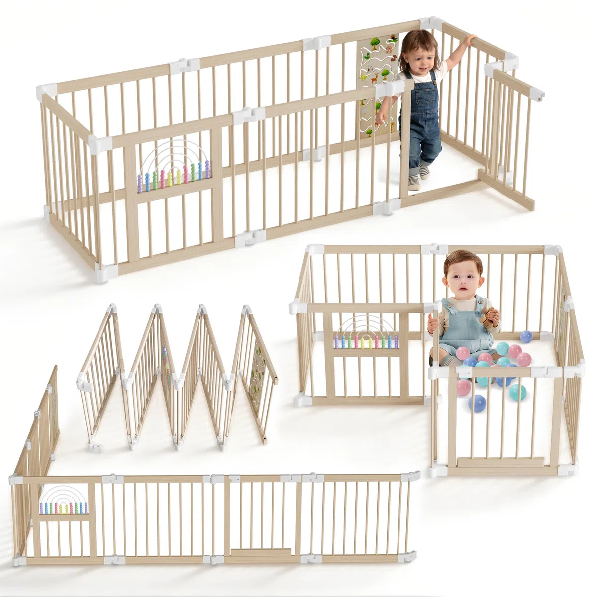 FIVMEN Parc pliable pour bébé - 143,5 x 143,5 x 61 cm - Avec porte - En bois stable - Forme réglable - Parc pour bébé - Pour salon, chambre d'amis, crèche