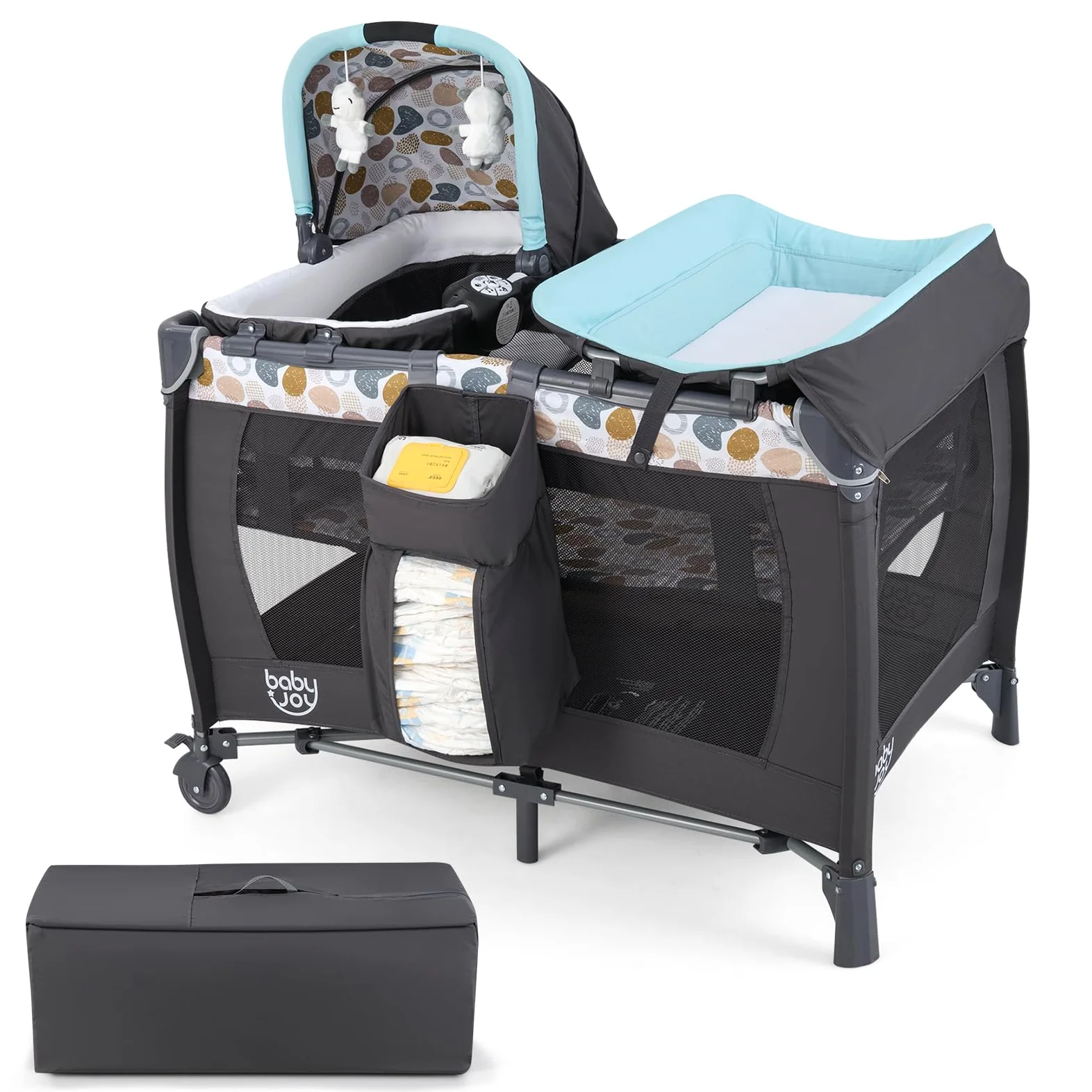 DREAMADE 5 en 1 Lit Parapluie Bébé 0-3 Ans, Lit Cododo Pliable avec Matelas 106 x 74 x 74 cm Table à Langer et Berceau, Jouets Suspendus, Boîte à Musique et Sac de Transport (Bleu)