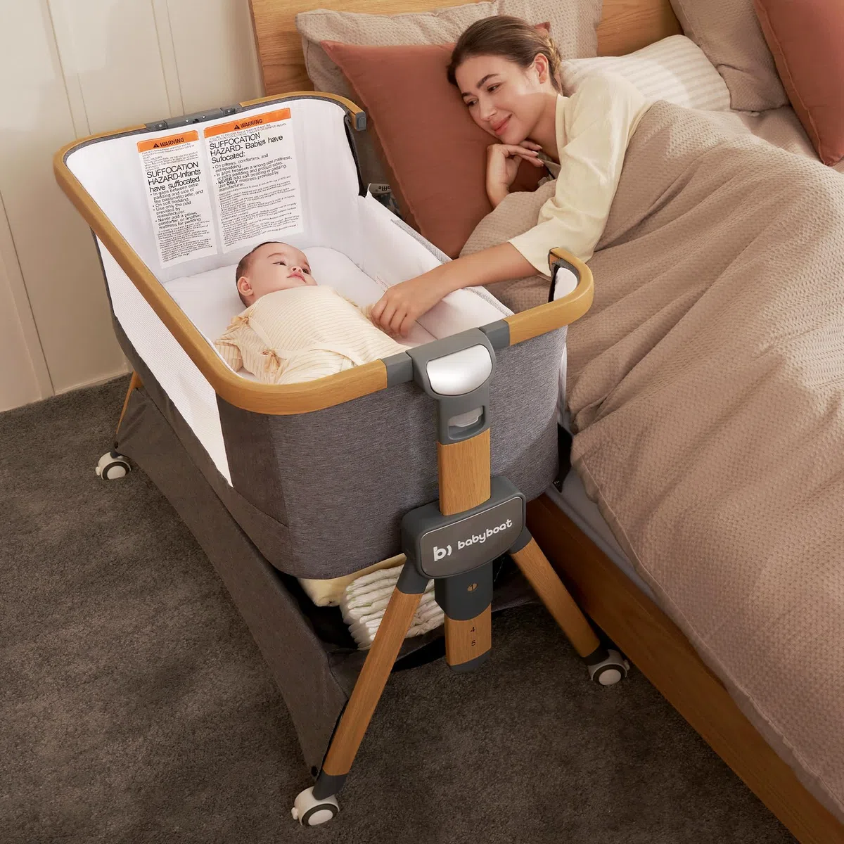 babyboat Lit Cododo Pliage Rapide-Marron, Cozy 2,Berceau C ododo Bebe Grandes Roues avec Fonction Coulissante Facile,5 Hauteurs Reglables Cododo Bebe pour 0-6 Mois Bebe avec Matelas